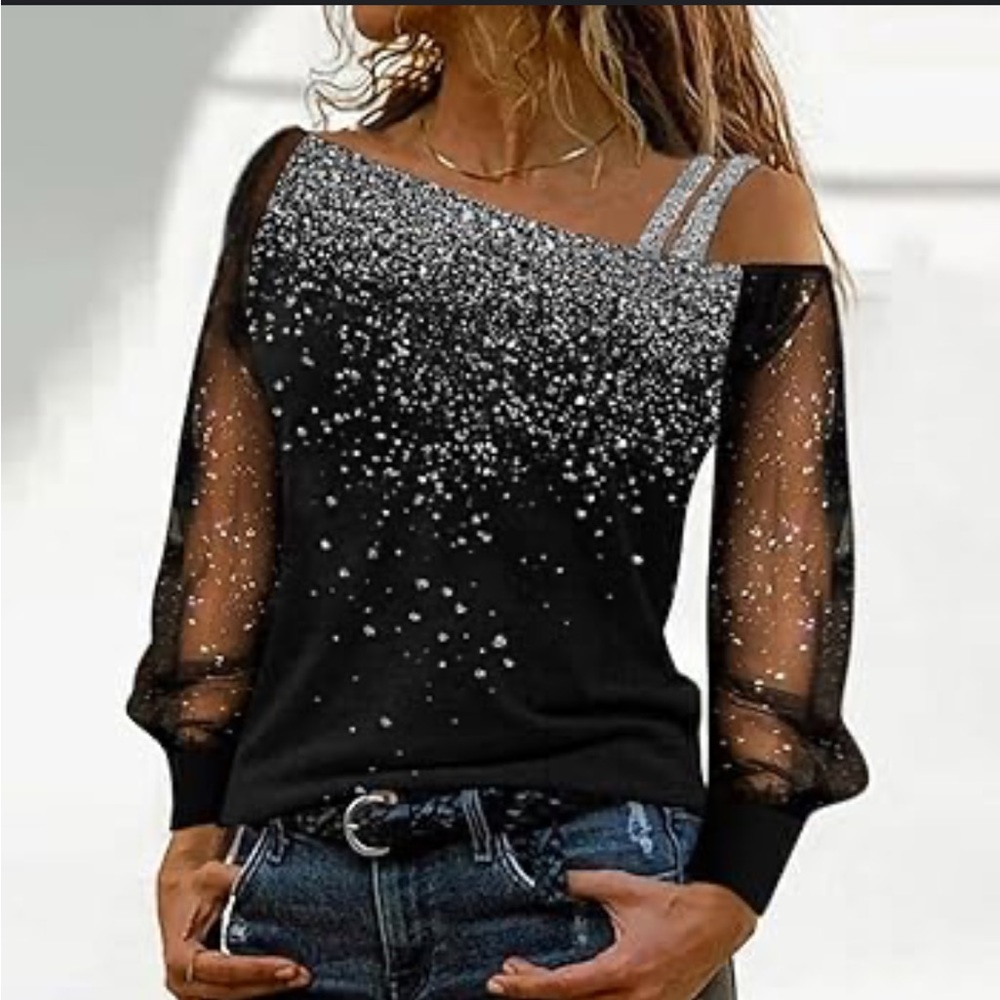 Fashion Printing Mesh Bell Long Sleeve Off Shoulder 2X( Fit more like XL/1X)